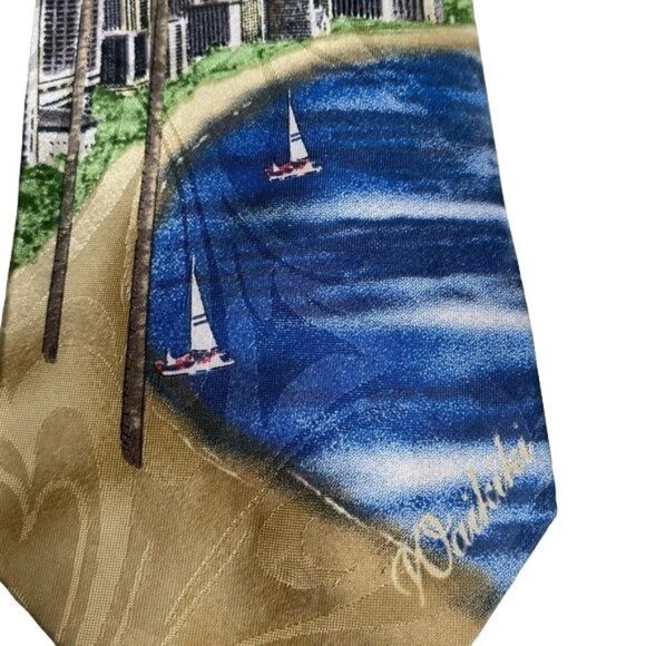 Tropical Hawaiian handmade men’s tie with Waikiki theme blue tan multi colored - Picture 2 of 11